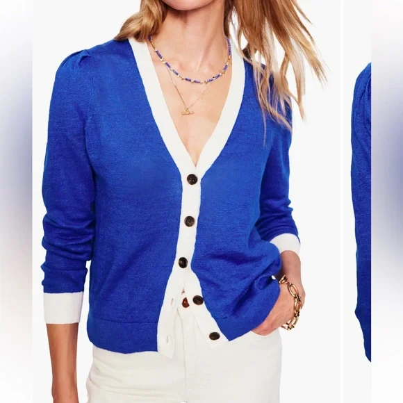 Boden Liv Linen Cardigan in bright blue with white bordering varsity size XL - Picture 2 of 12